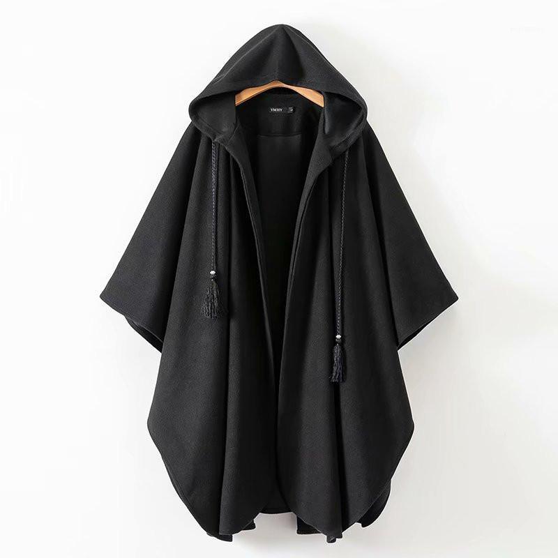 

Autumn Plus Size Gothic Black Hooded Cape Poncho Trench Coat Women Vintage Loose Tassel Lady Woolen Cardigan Ponchos Capas Mujer1