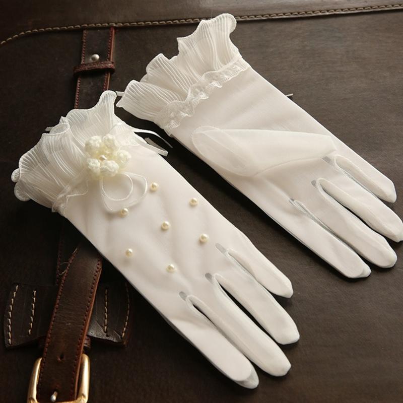 

Lace Pearl Bride Gloves Beige Short Design Gauze Bow Women Glove UV-Proof Summer Spring Lady Fishnet Flower Accessories