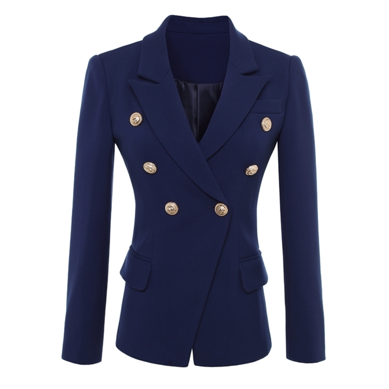 

HIGH QUALITY New Fashion Designer Blazer Jacket Women's Gold Buttons Double Breasted Blazer Outerwear size S-XXXL 201114, Dark blue