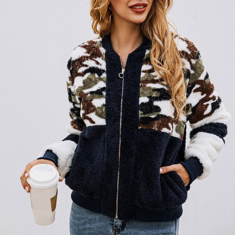 

Fashion Women Jacket Patchwork Camouflage Zip Pocket Blouse Long Sleeve O-Neck Sweater Casual Coat Streetwear Chaquetas Mujer, Black