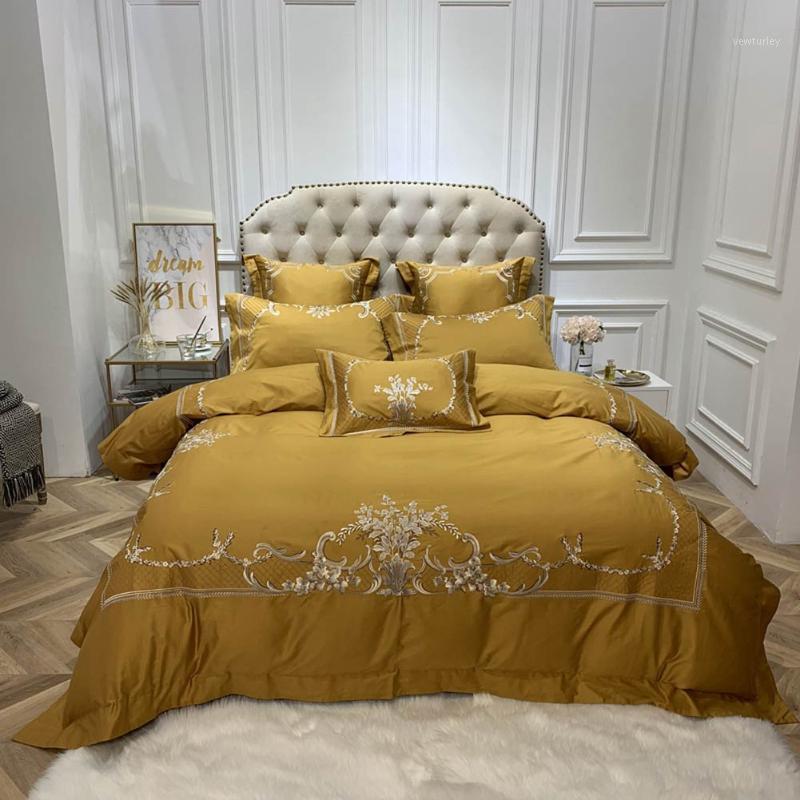 

Papa&Mima Yellow Flowers European Satin Egyptian Cotton Bedding Sets Queen King Size Embroidery Duvet Cover Set Sheets Bedlinen1, 20205030