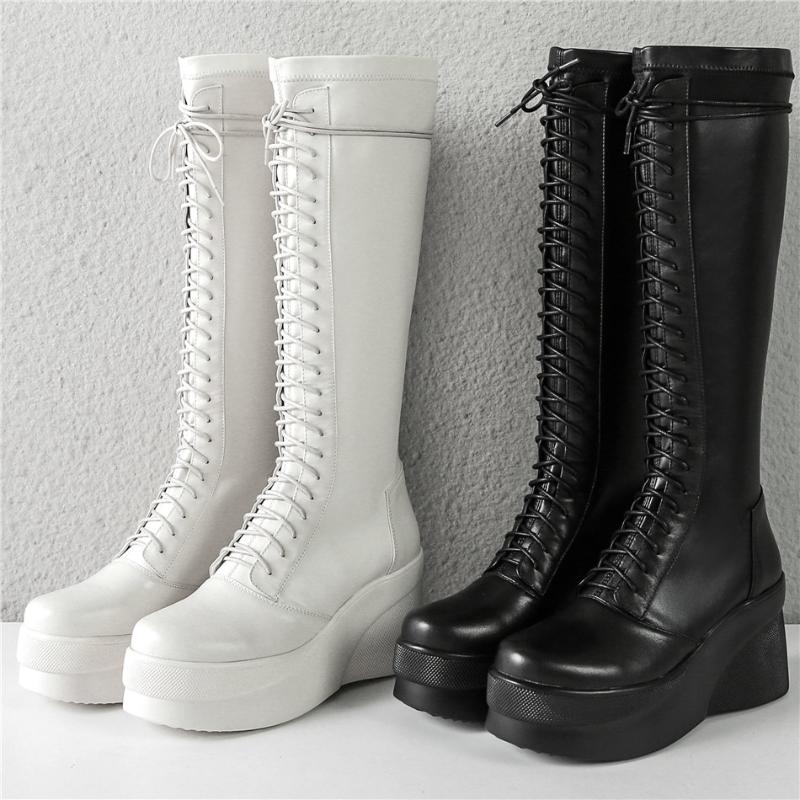 

2021 Thigh High Pumps Shoes Women Genuine Leather Wedges High Heel Motorcycle Boots Female Lace Up Long Shaft Fashion Sneakers, Beige
