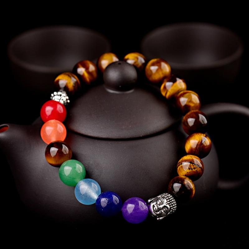 

Ethnic Women's 7 Chakra Buddha Bracelet Femme 10MM Tiger Eye Stone Beads Meditation Bracelets&Bangles Men Jewelry AB223