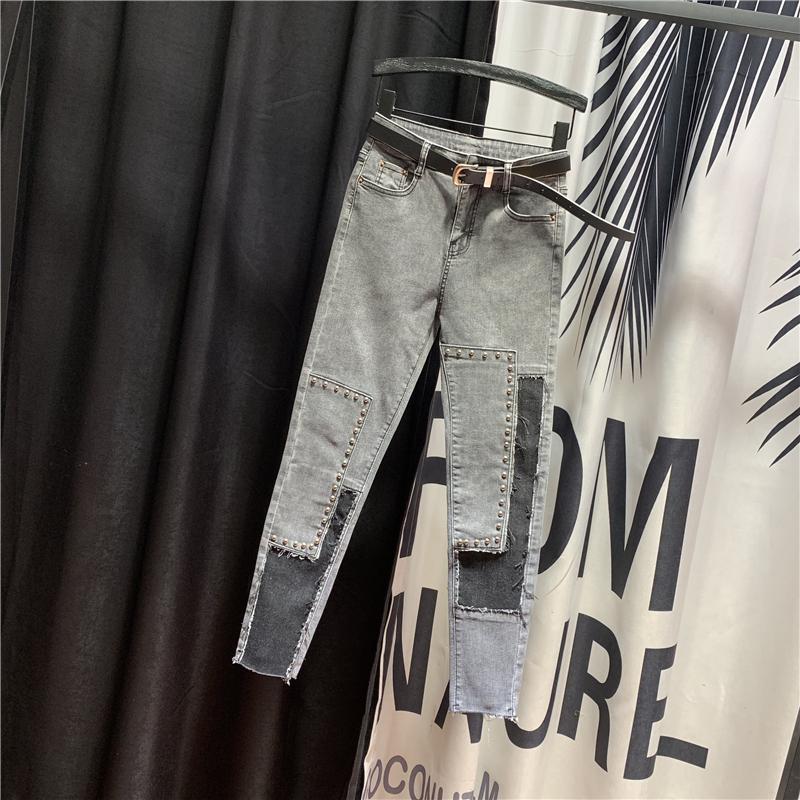 

2020 Spring Summer Jeans Woman Personality Stitching Beaded Jeans Women' New High-Waist Slim-Fit Stretch Pencil Pants, Gray