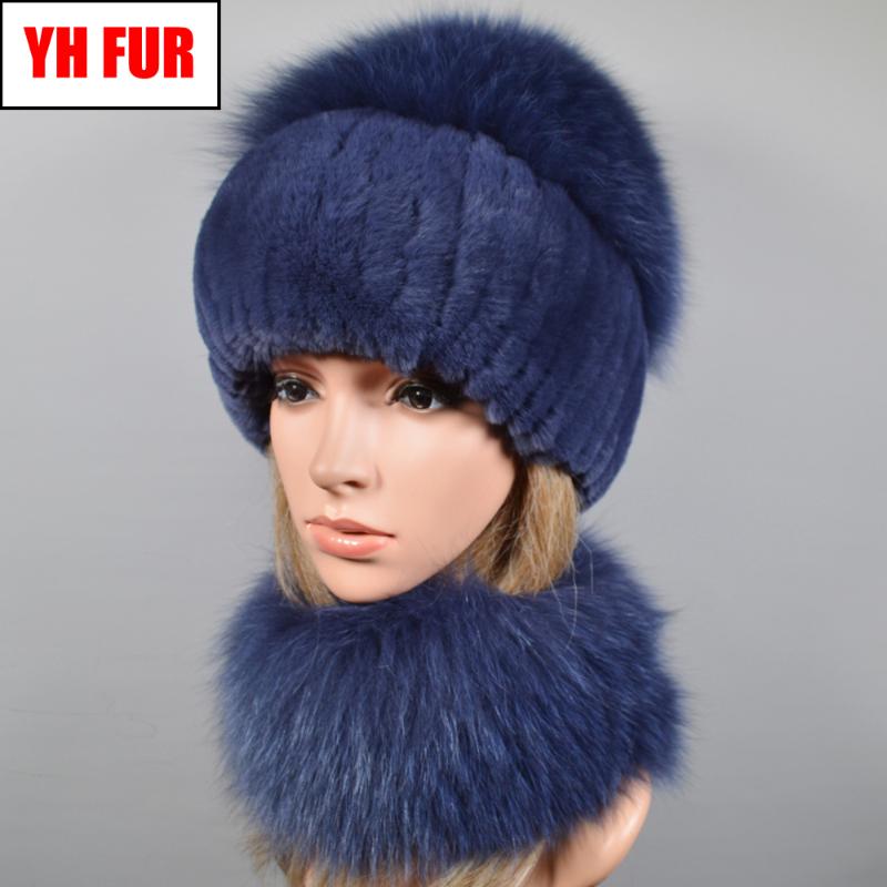 

2 Pieces Set Hot Sale Winter Women Real Rex Rabbir Fur Scarf Hat Warm Real Fur Cap Ring Shawl Natural Scarves Hats