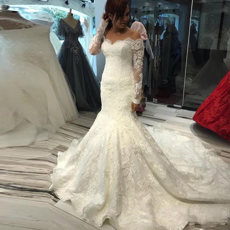 

Off Shoulder Long Sleeves Lace Mermaid Wedding Dresses with Appliques Court Train Tulle Bridal Gowns Vestido De Noiva, White