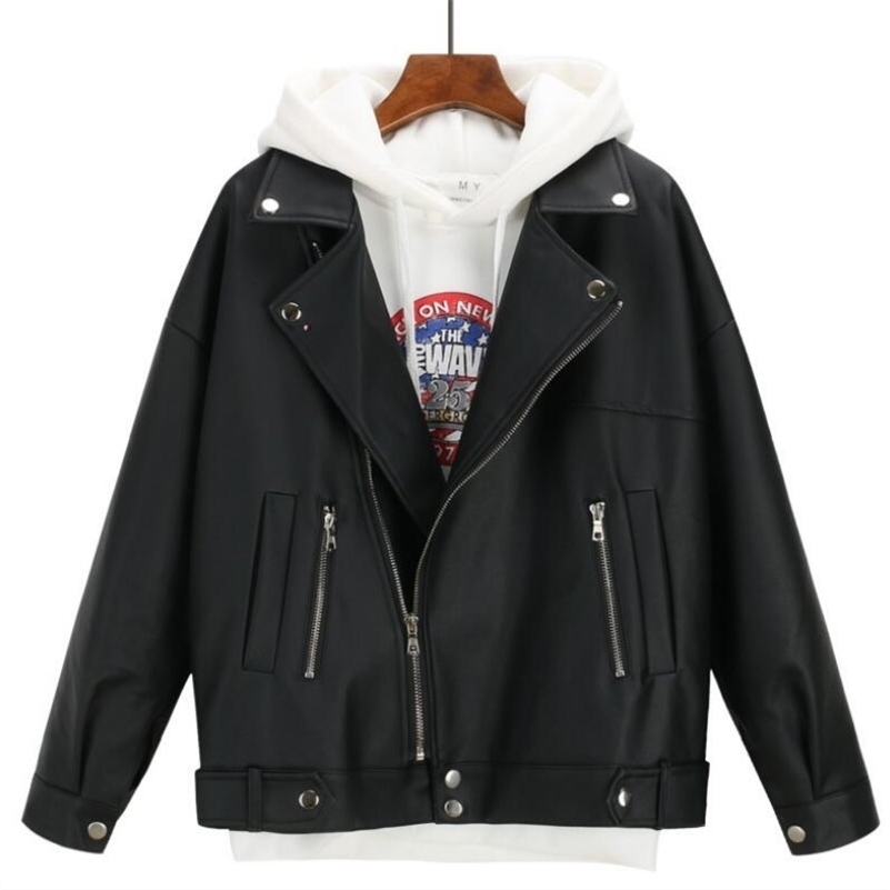 

New Arrival Women Autumn Winter Leather Jacket Oversized Boyfriend Korean Style Female Faux Coat Outwear Black 201222, Black plus cotton