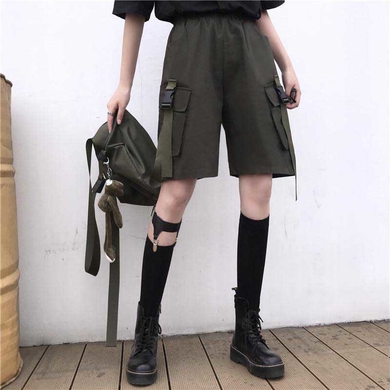 

cargo shorts korean Harajuku Women's Clothing Couple streetwear big pockets casual ribbon high waist Capris Women Unisex summer Y200512, Black