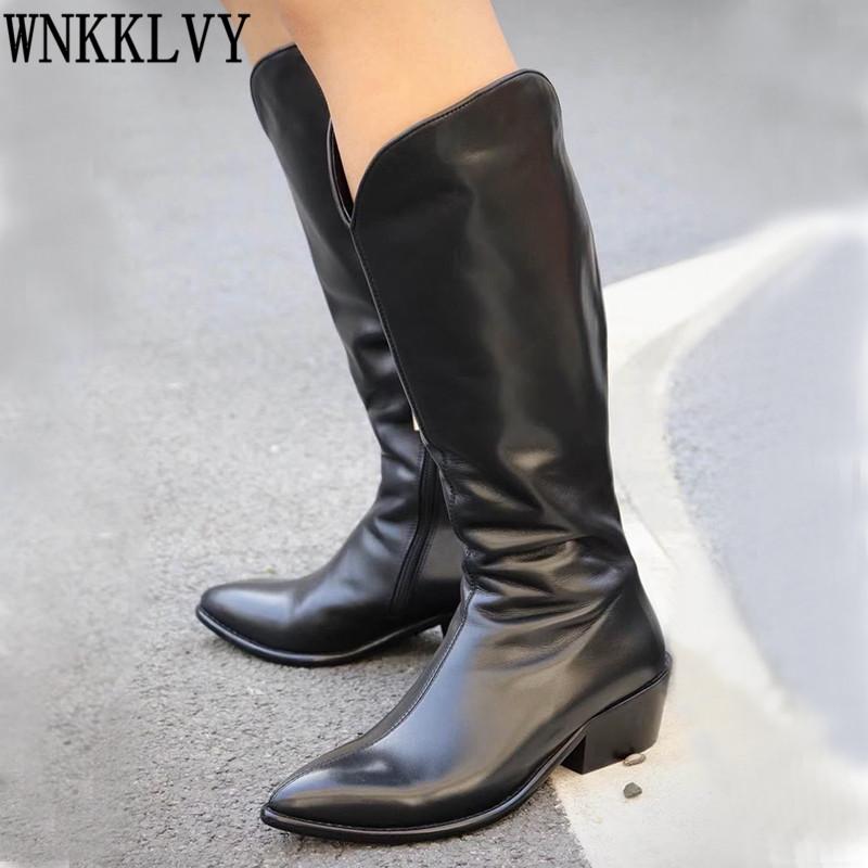 

Runway pointed toe knee high boots women genuine leather chunky mid heel knight botas 2020 Autumn retro long boots for ladies, Black