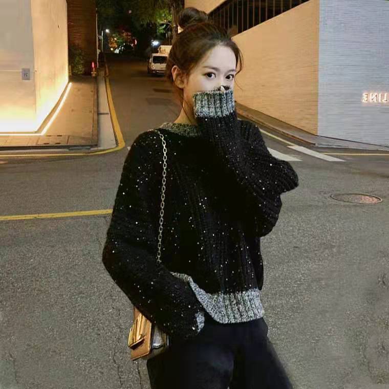 

2021 Autumn and Winter New Harbor Woman's Nightgown Shiny Loose Sequins Wear Lazy Wind Joker Sweater UL75, Black