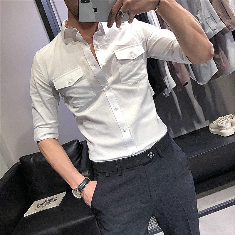 

Men's short-sleeved shirt 2020 spring and summer new solid color handsome slim thin short-sleeved shirt young men's fashion, White