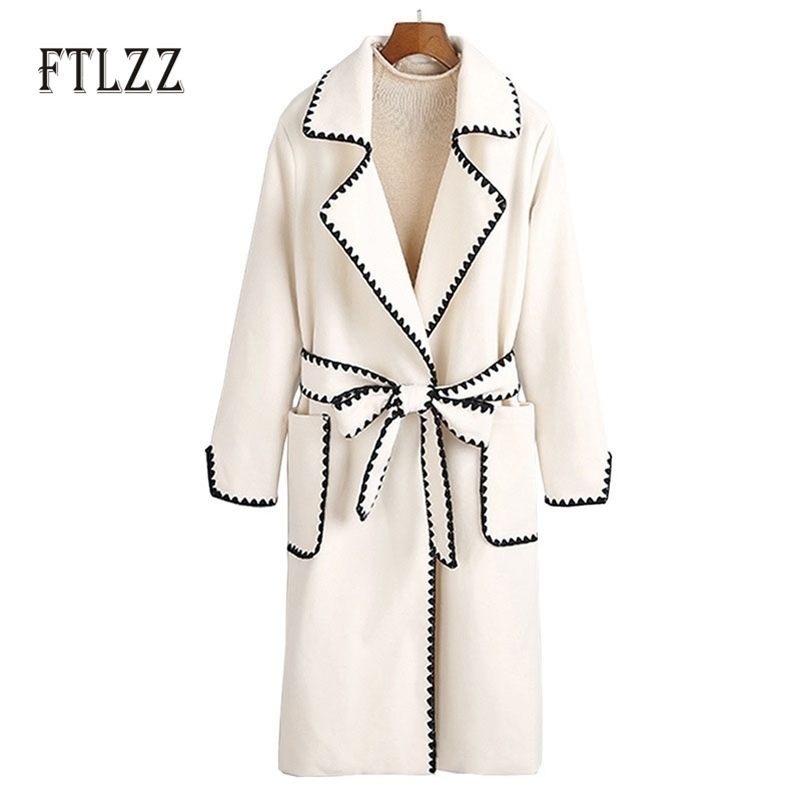 Fashion Women Streetwear Blend Coat Winter Female New Female Medium Long Turn-down Collar Woolen Cloth With Belt Overcoat 201216