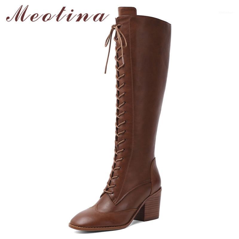 

Meotina Winter Knee High Boots Women Natural Genuine Leather Chunky High Heel Tall Boots Zipper Round Toe Shoes Lady Size 34-391, Brown