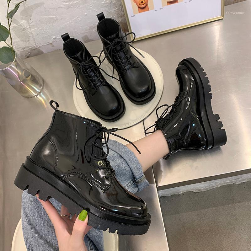 

boots women's thin 2020 new breathable wild British style thick-soled student net red short boots Fashion womens shoes1, Shiny black