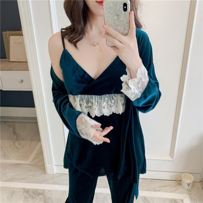 

Women Three Piece Pajamas Set Autumn and Winter Nightgown Set Plush Bathrobe Sleepwear Women Christmas Robe Gown Sets, Malachite blue