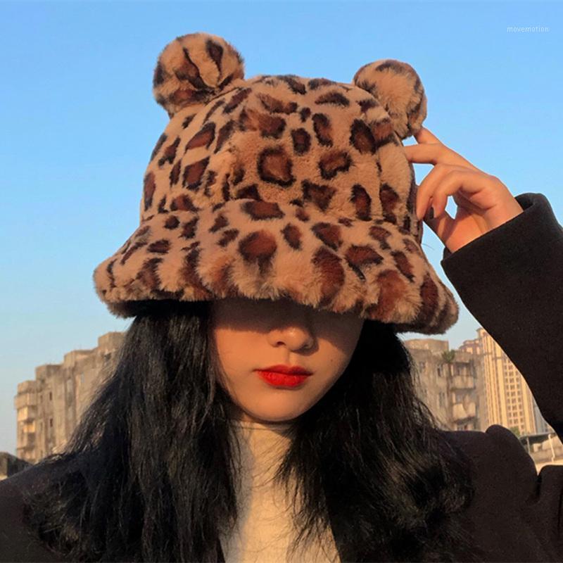 

Hat Women Autumn/winter Fashion Leopard Print Fisherman Hat Cute Bear Ears Plush Warmth Thick White Pink Black Khaki Basin1
