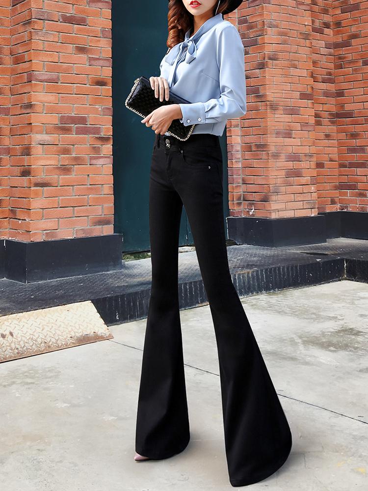 

Black high-waist micro-horn jeans female autumn retro slim trousers simple micro-bell-bottoms. ID1072