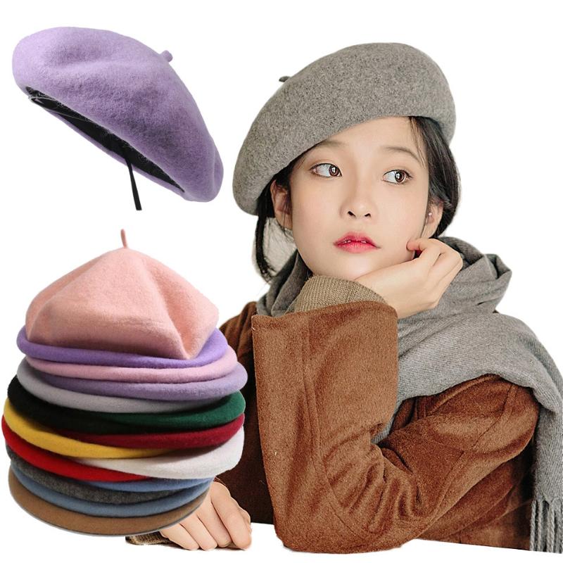 

French Style Solid Casual Vintage Women's Hat Beret Plain Cap Girl's Wool Warm Winter Berets Beanie Hats Femme Aldult Caps, C3080-2