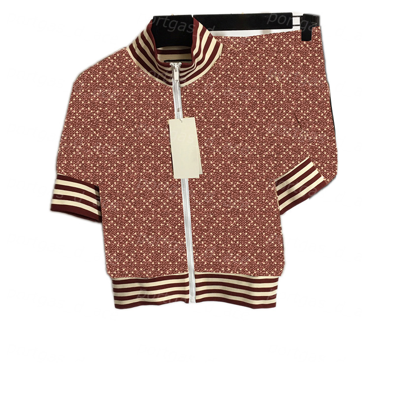 

Vintage Letters Jacket Suit Womens Short Sleeve Zipper Jackets Shorts Set Fashion Charming Streetwear, Brown;with lable#20212359