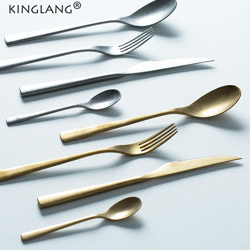 

KINGLANG 4pcs/Set Sliver and Golden Vintage Flatware 304 Stainless Steel Dinner Spoon Main Fork Hotel Supplies Wholesale