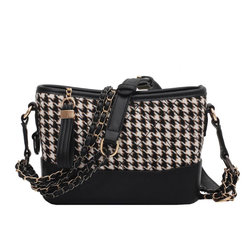 

New Women Houndstooth Shoulder Bags Fashion Handbags Chains Crossbody Bags Ladies Messenger Bag, Black