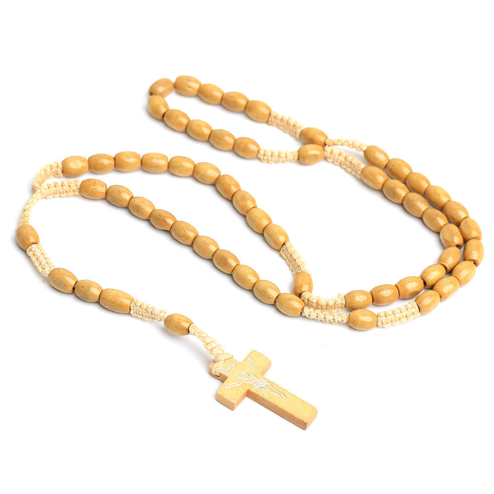 

Catholic Rosary Necklace WOODEN BEADS HANDMADE cross religious Jesus jewelry, Silver