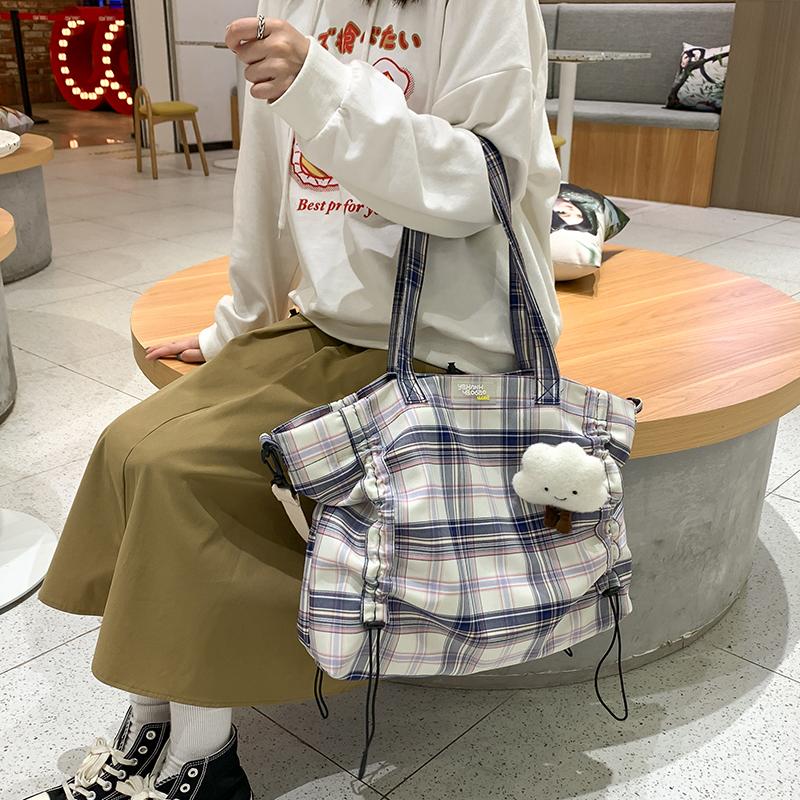 

2021 New Korean Large capacity Lovely girl Single shoulder bag Japanese small fresh plaid Female students Handbag Fashionable, Green