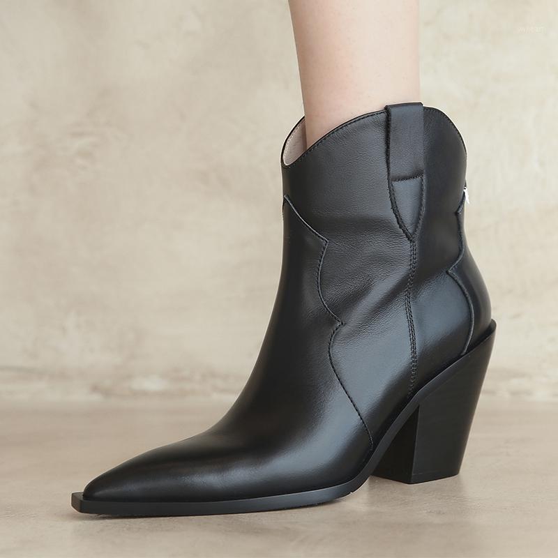 

Western Cowboy Boots Ankle Boots Women Cow Leather Boot Pointed Toe Shoes Female Fashion Party High Heels Shoes Ladies Autumn1, Black