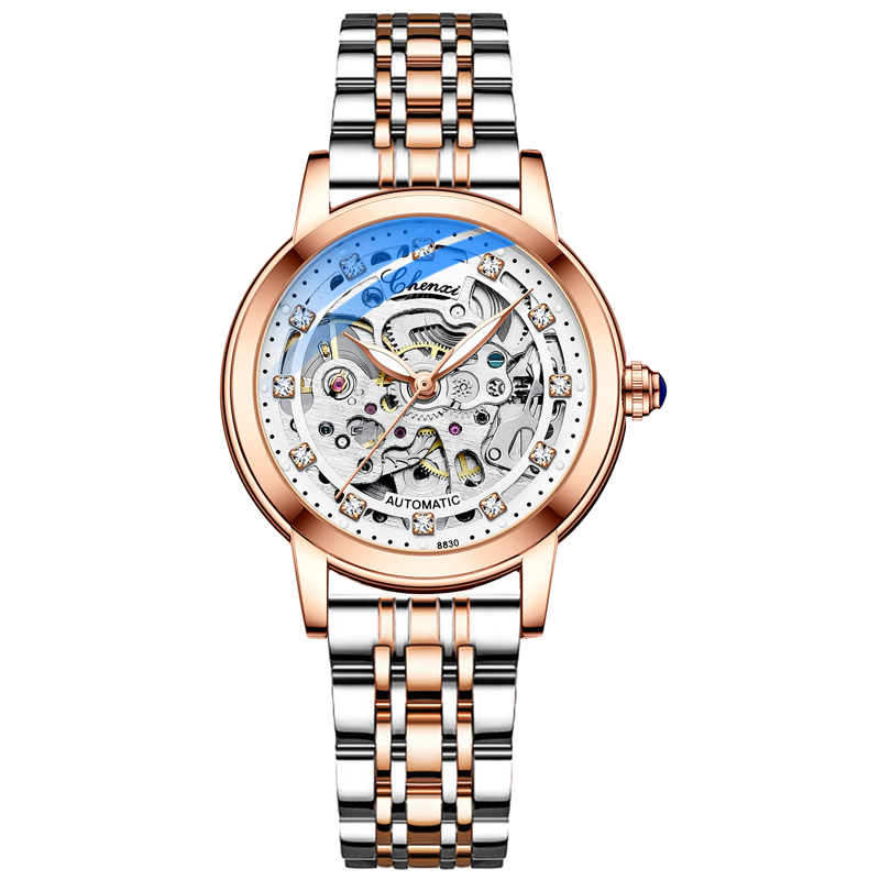 

Women Automatic Mechanical Watch Top Brand Luxury Stainless Steel Waterproof Wrist Watch Ladies Skeleton Tourbillon Clock, Silver rosegold