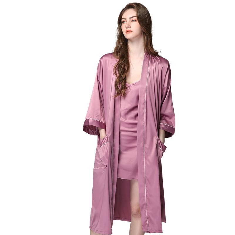 

Loose Silk Pajamas Comfortable Women Sleepwear Long-Sleeved Suit Pajamas Woman Cardigan Suits Outdoor Sling Nightdress Sexy Robe, Black