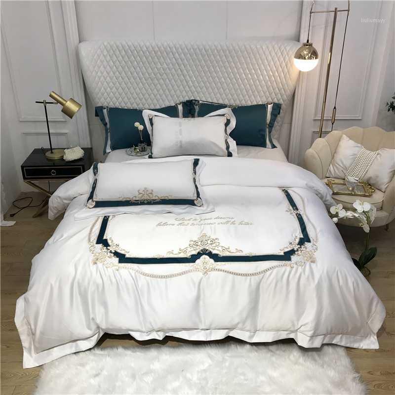 

White European Style 60S Satin Washed Silk Bedding Set Duvet Cover Bed Linen Fitted Sheet Pillowcases Bedclothes1