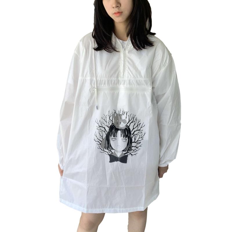 

Harajuku Kawaii Anime Women's Trench Coat Spring Fashion Streetwear Punk Female Waterproof Oversized Long Windbreaker Raincoat, White