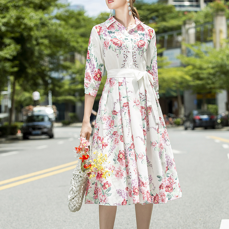 

Summer Vintage Imprint Mid-sleeve Belt Fine Adjustment Elegant Temperament Plied Mid-length Shirt As High Quality Ladies 6tab, Multiple