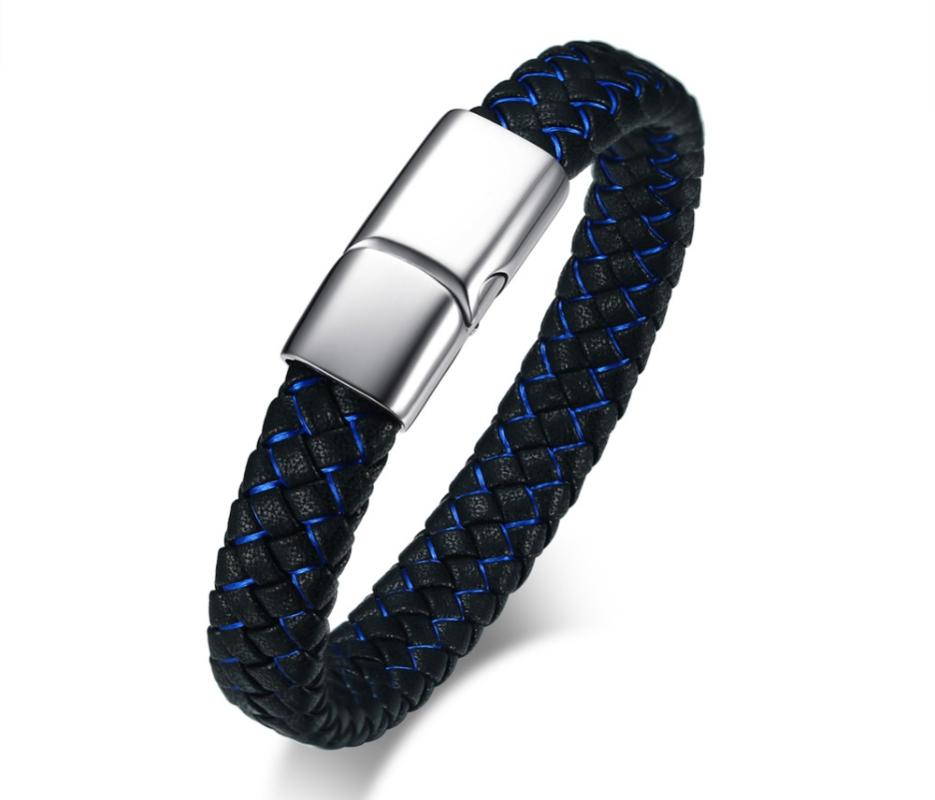 

Engravable Men Bracelet ID Bangle Blue Black Braided Genuine Leather Bangle Stainless Steel Male Identification Jewelry