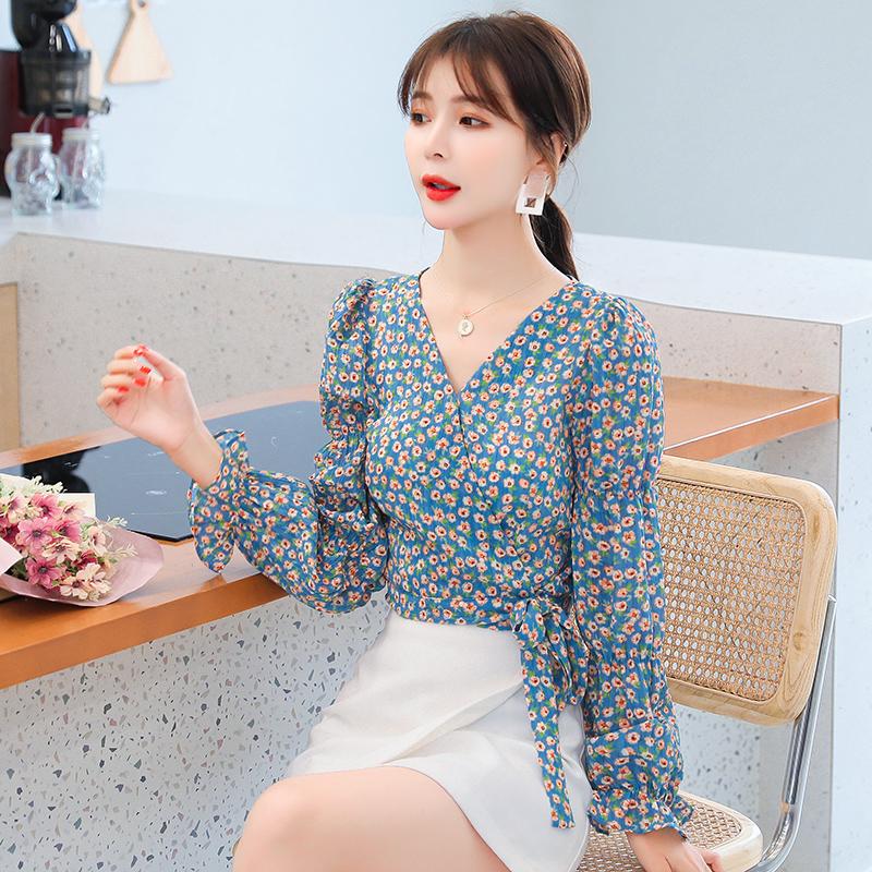

COIGARSAM Floral blouse women Spring Summer Print Chiffon High Waist V-Neck blusas womens tops and blouses 8192, As picture