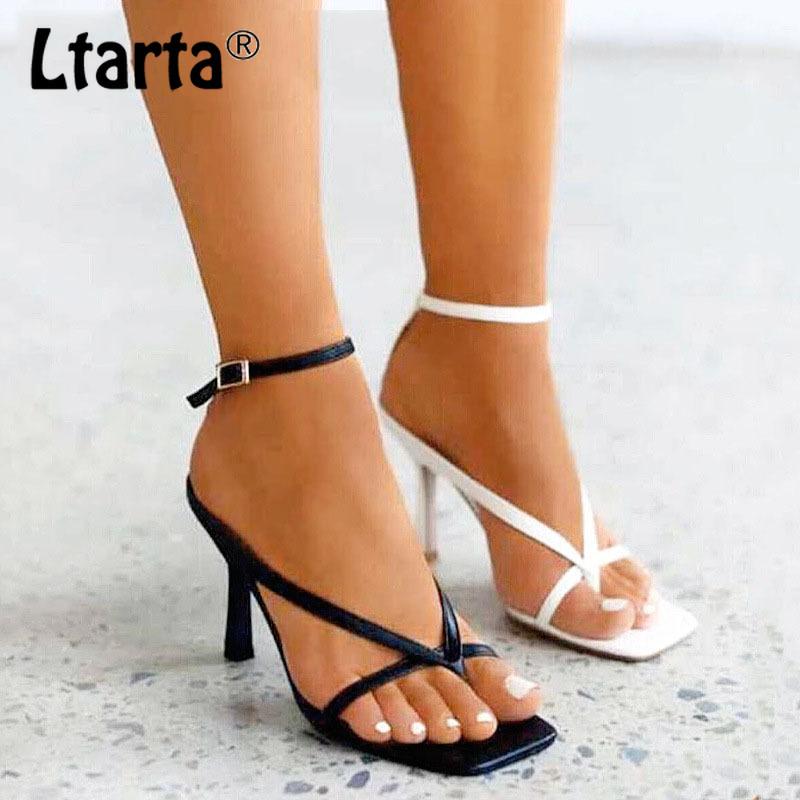 

LTARTA 2021 Summer Fashion High-heeled Cross Strap Hollow Women's Shoes Square Toe Catwalk Buckle Women's Sandals ZL-802, White