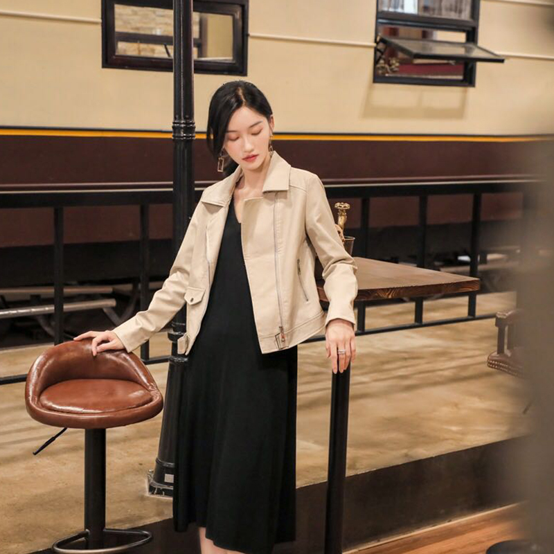 

Winter Metal Autumn Motocyle Pocket with Zipper Fine Nice Female Collar Lady Outerwear Plutonium Leather Jacket Vvax, Beige