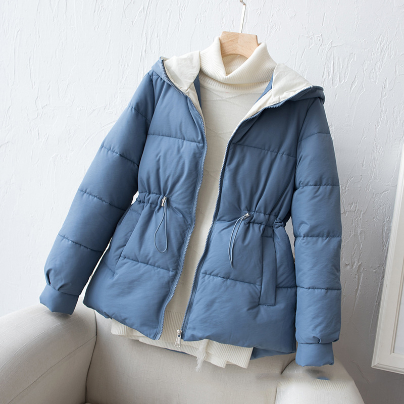 

2021 New Short with Hood for Woman Oversized Solid Parkas Casual Winter Cotton Quilted Plus Size Loose Bulk Female Coat Uk35, Blue