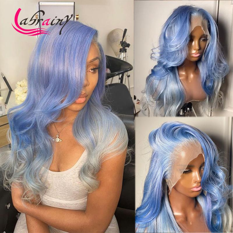 

HD Transparent Ombre Light Blue Lace Wig Colored Body Wave Human Hair Pre Plucked Bleached Knots 13x1+4x1, As pic