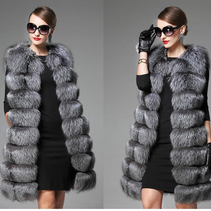 

2020 Fashion Long Women Faux Fur Vest Jacket High Quality Luxury Silver Overcoat Thick Warm Abrigos de Piel Para Mujer E65