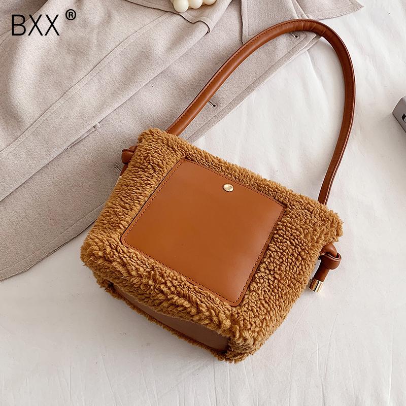 

[BXX] Plush Design Bags For Women 2021 Female Handbags Shoulder Ladies Winter PU Leather Soft Crossbody Bag HQ466, Black