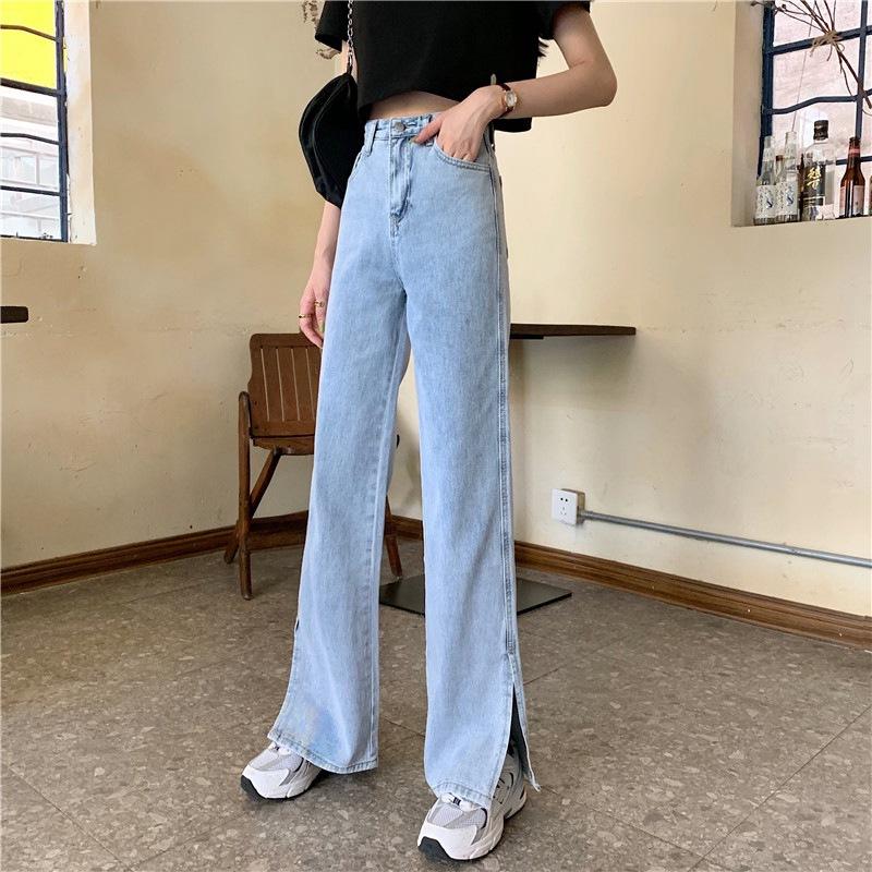 

Women Flare Jeans Original High-Waisted Loose Straight Leg Thin Mopping Pants Trend Female Light Blue Trousers, Sky blue