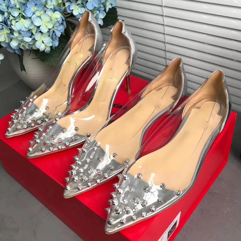

Women Wedding Revets bling fashion design women's high heel pumps see through Party Wedding shoes heels sexy bride shoes Bridal, Silver 8cm heel
