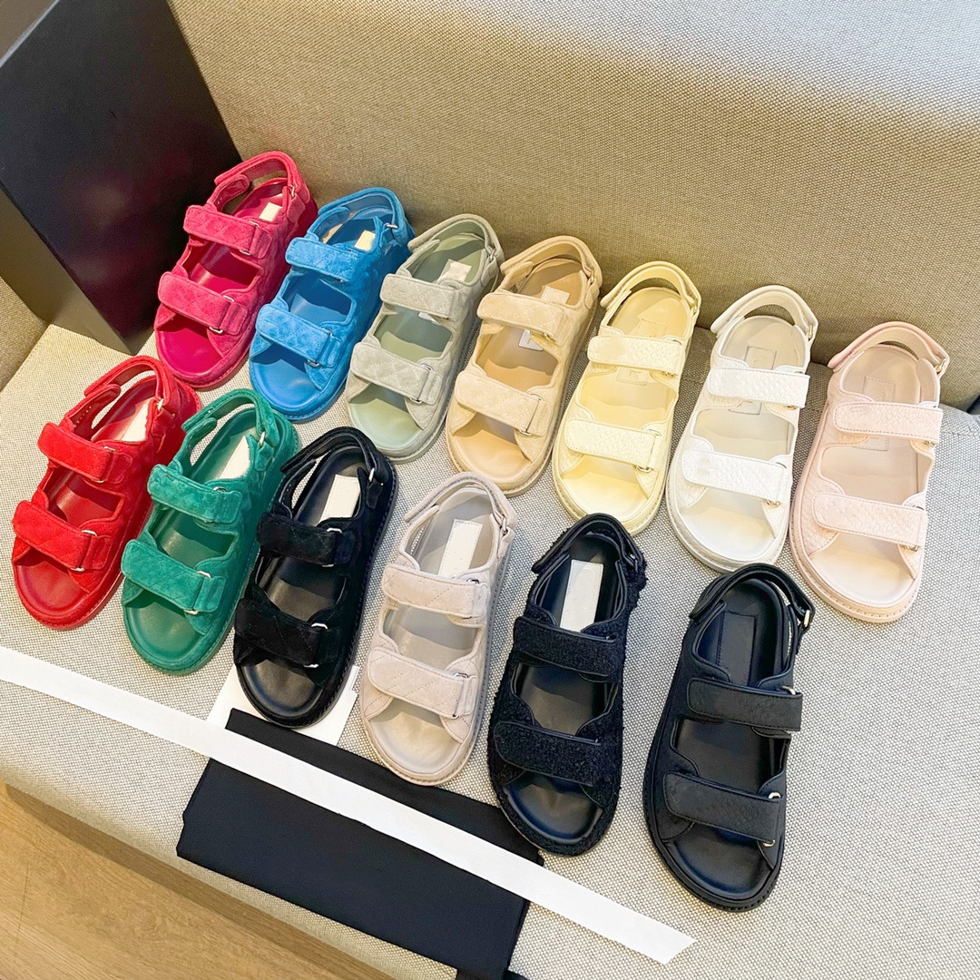 

2022 Classic Hook&Loop Open-toe Sandals Top Quality Leather Comfort Slides Summer Outdoor Vacation Designer Beach Shoe Tide Brand Luxury Elegant Women Casual Shoes, Color1