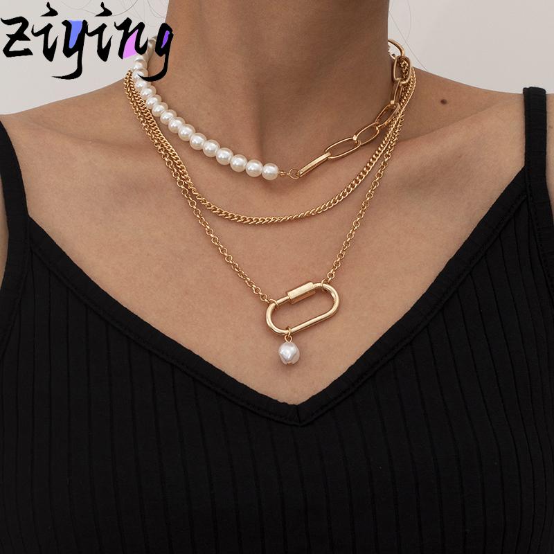 

Unique Multilayer Baroque Pearl Chain Necklace Women Wedding Vintage Goth Twisted Beaded Pendant Necklaces Neck Charm Jewelry