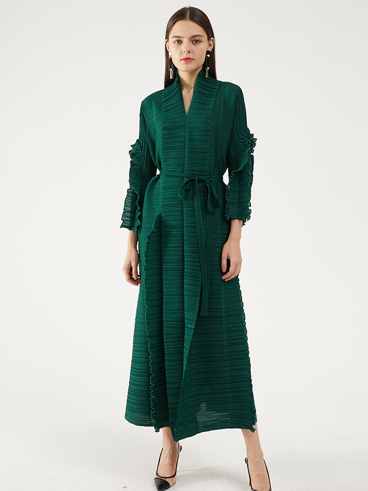 

Miyake pleated petal sleeve dress lapel cardigan Sashes long sleeve casual plus size long green dress winter women clothes 201203