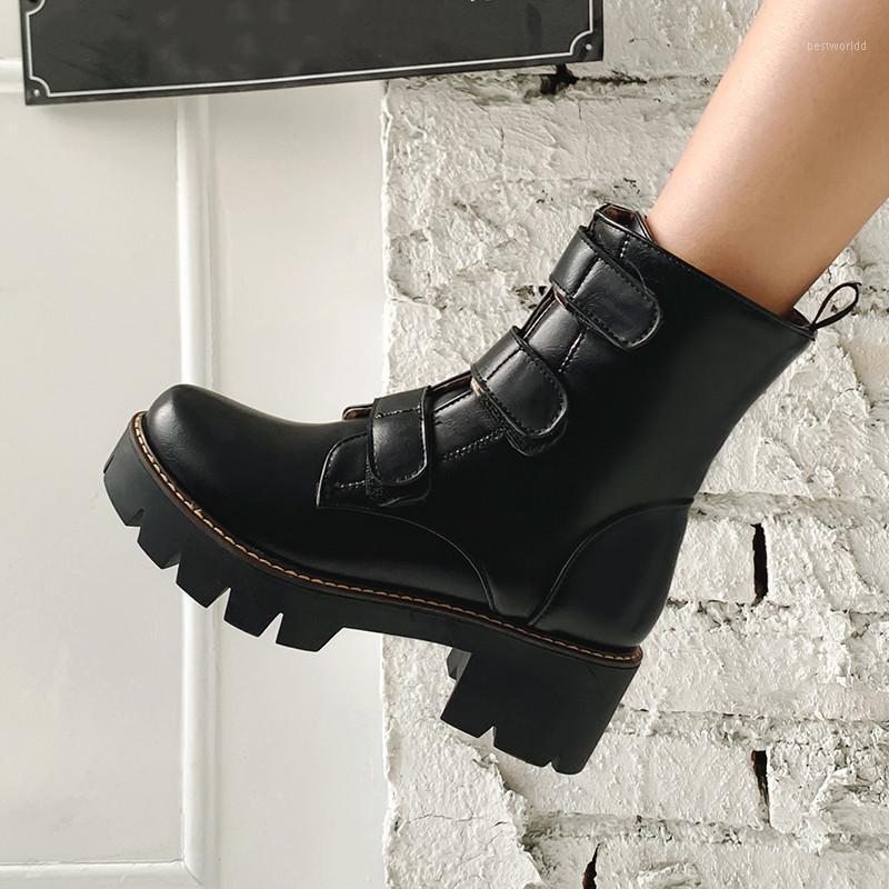 

Hook 2020 Buckle Winter Goth Punk Black White Block High Heels Shoes Womens Platform Ankle Motorcycle Knight Biker Boots1