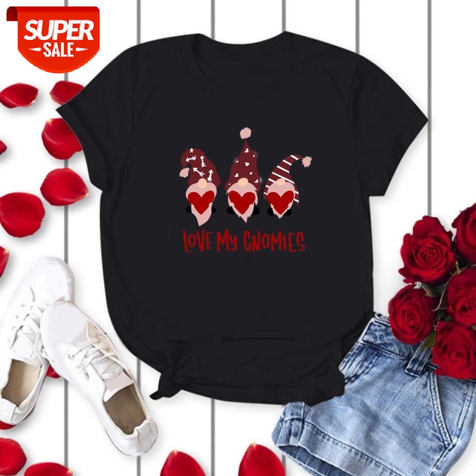 

2021 Love My Gnomine Printing Tshirt Women Round Neck Valentine's Day Funny Shirt Fashion Summer Loose Kawaii Femme T-shirt #rz7s, White