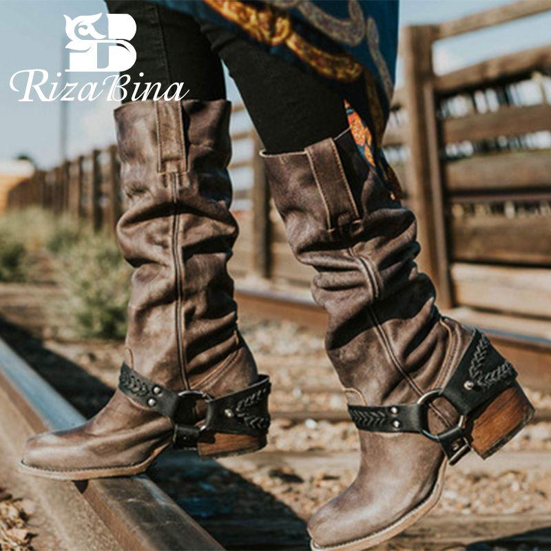 

RIZABINA Women Knee High Boots Solid Color Round Toe Thick Heels Shoes Slip On Vintage Long Boots Women Footwear Size 34-43, Beige