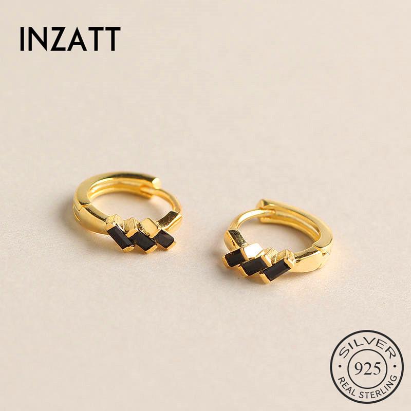 

INZAReal 925 Sterling Silver Black Zircon Round Hoop Earrings For Fashion Woman Party Fine Jewelry Geometric Punk Accessories